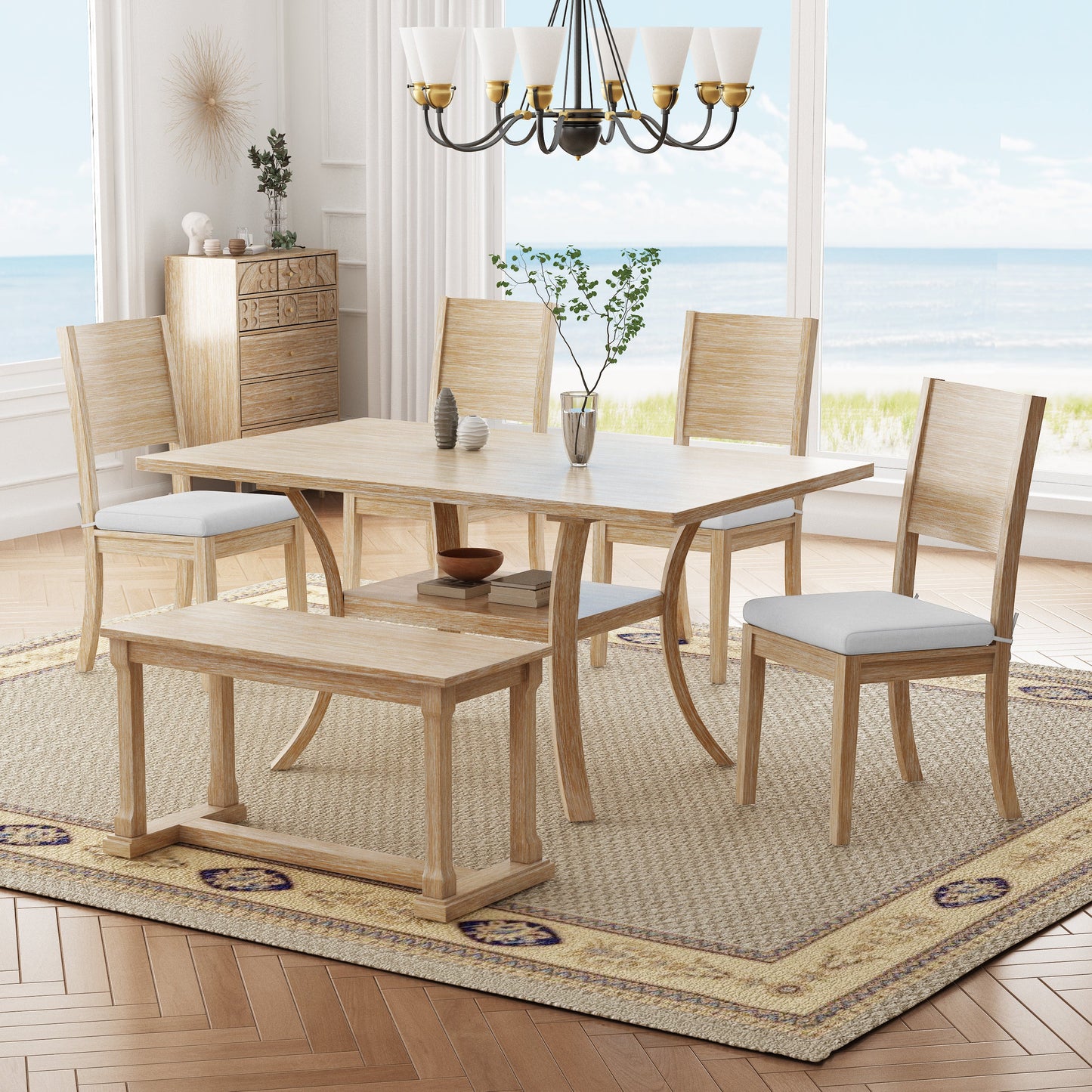 6-Piece Wooden Dining Table Set with Storage Shelf and Curved Legs