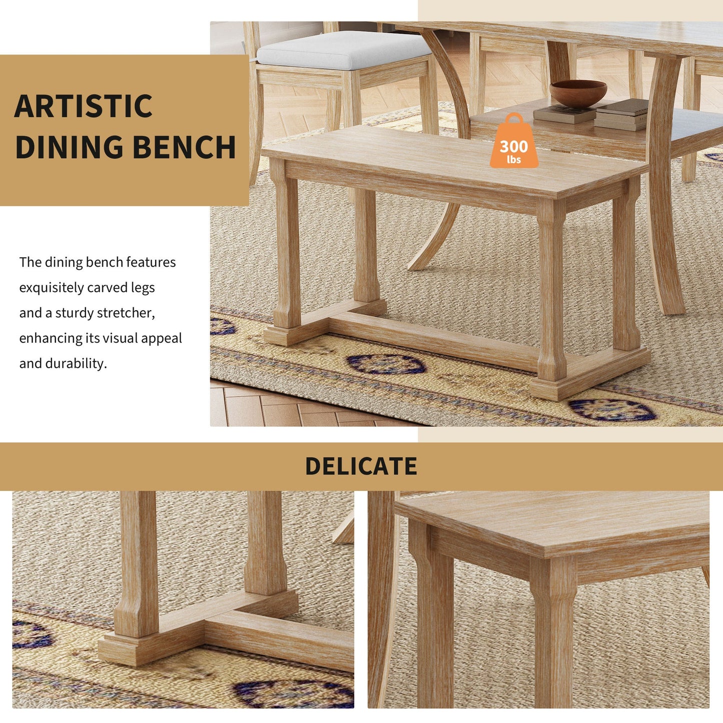 6-Piece Wooden Dining Table Set with Storage Shelf and Curved Legs