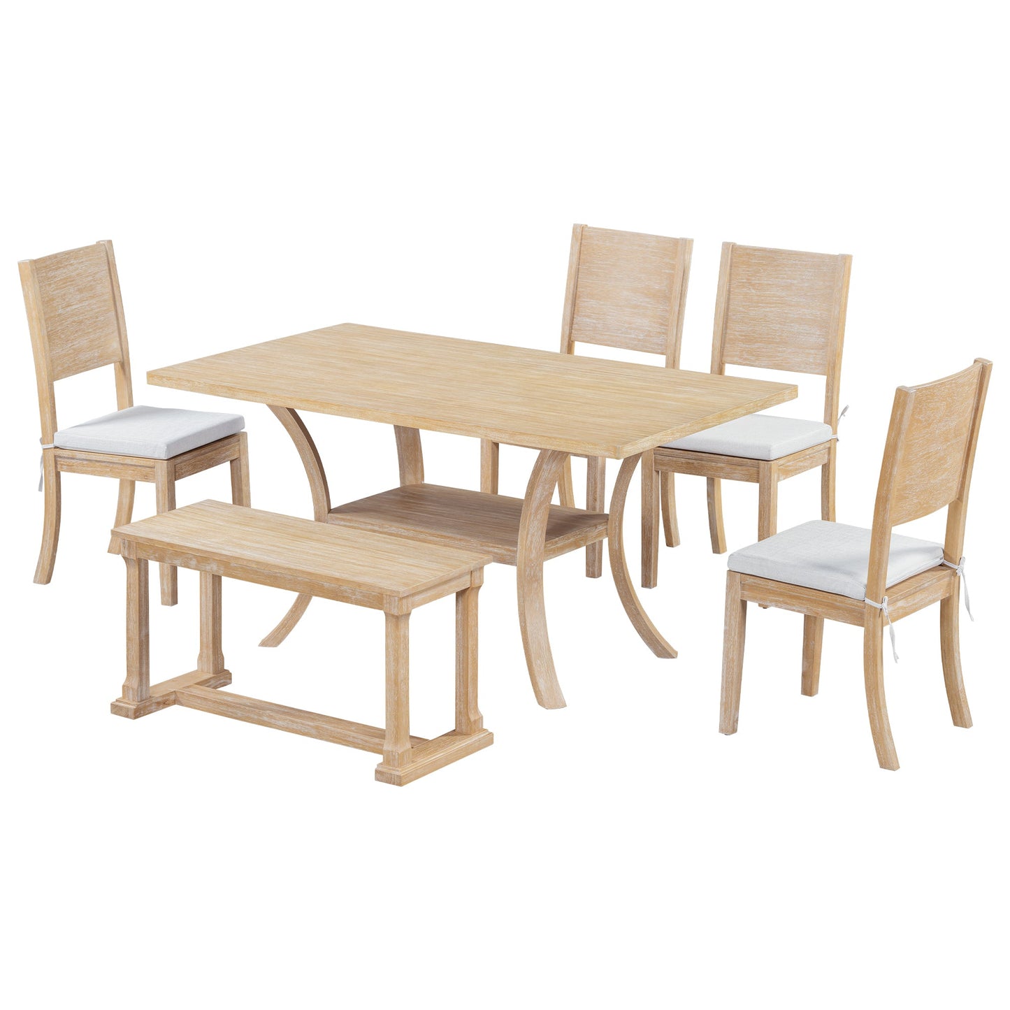 6-Piece Wooden Dining Table Set with Storage Shelf and Curved Legs