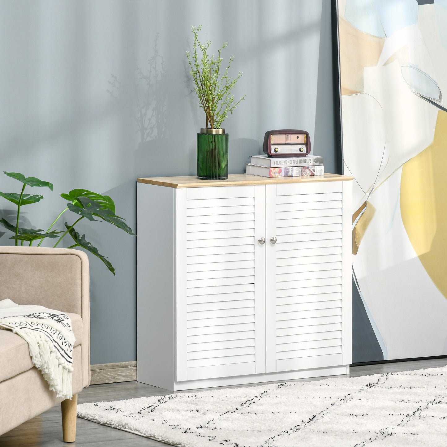 White Wooden Kitchen Sideboard with Louvred Doors