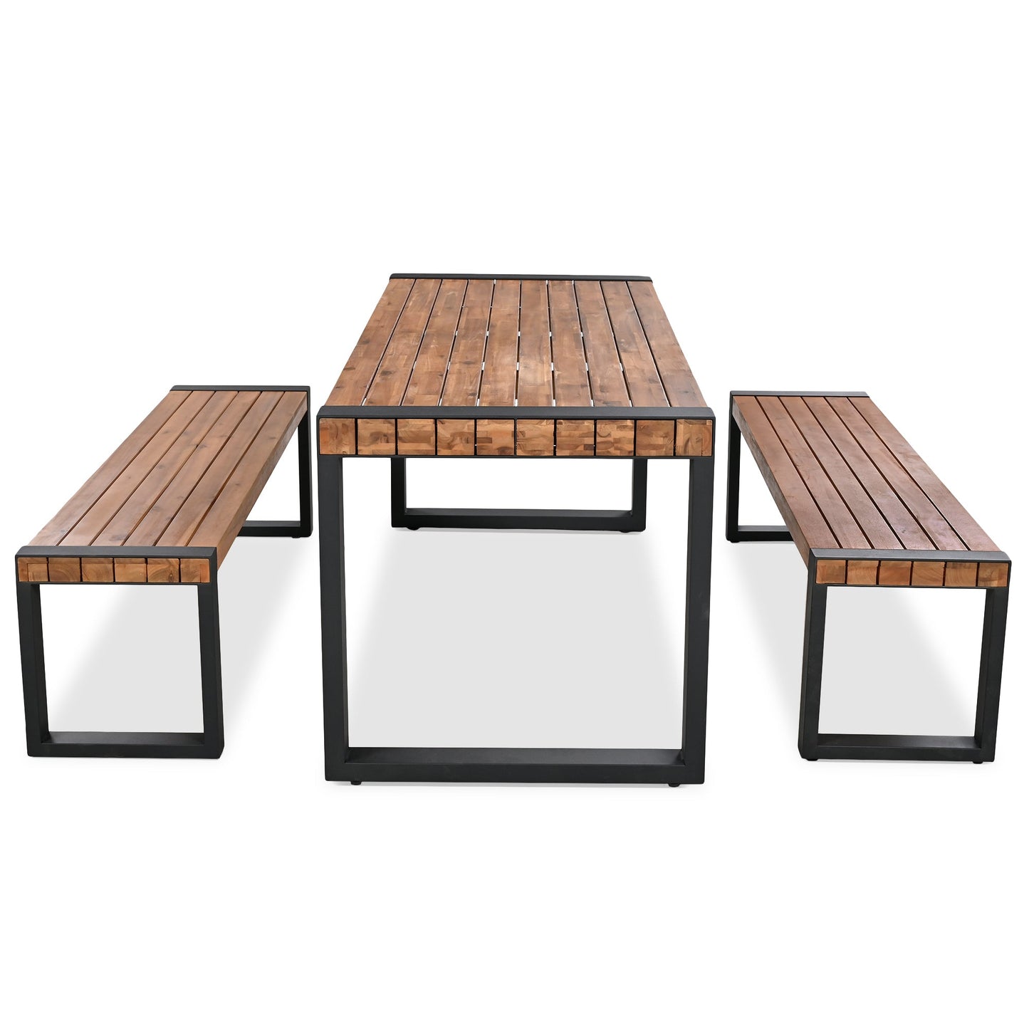 Acacia Wood Three Piece Outdoor Dining Table With Two Benches