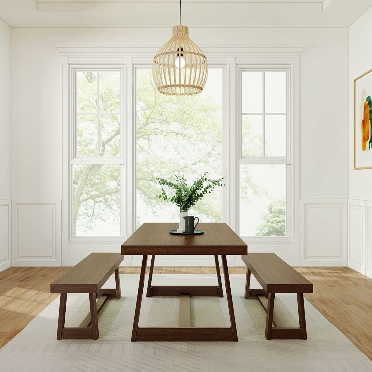 Farmhouse Solid Wood Dining Table Set with 2 Benches