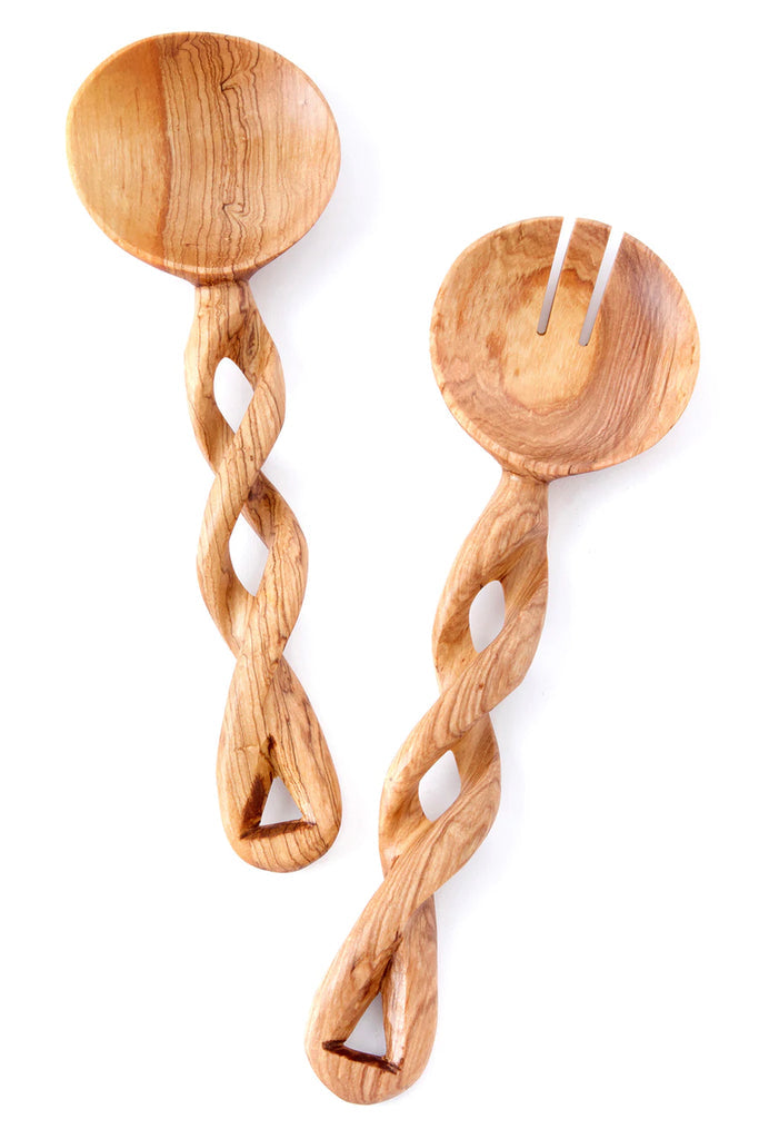 Handcrafted Olive Wood Traditional Twisted Salad Spoons