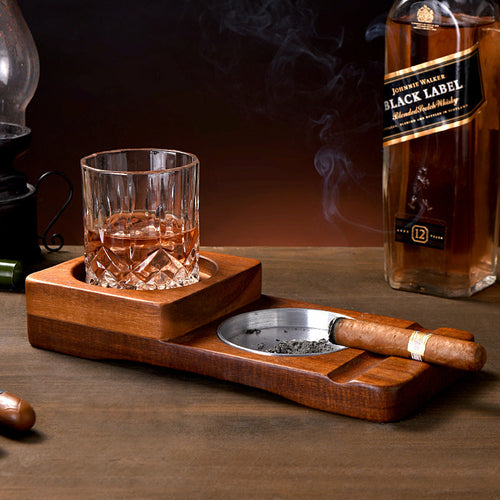 Rustic Wooden Ashtray with Cup Holder