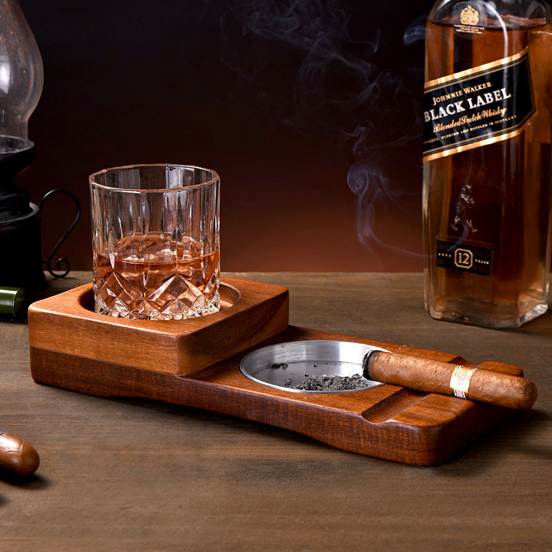 Rustic Wooden Ashtray with Cup Holder