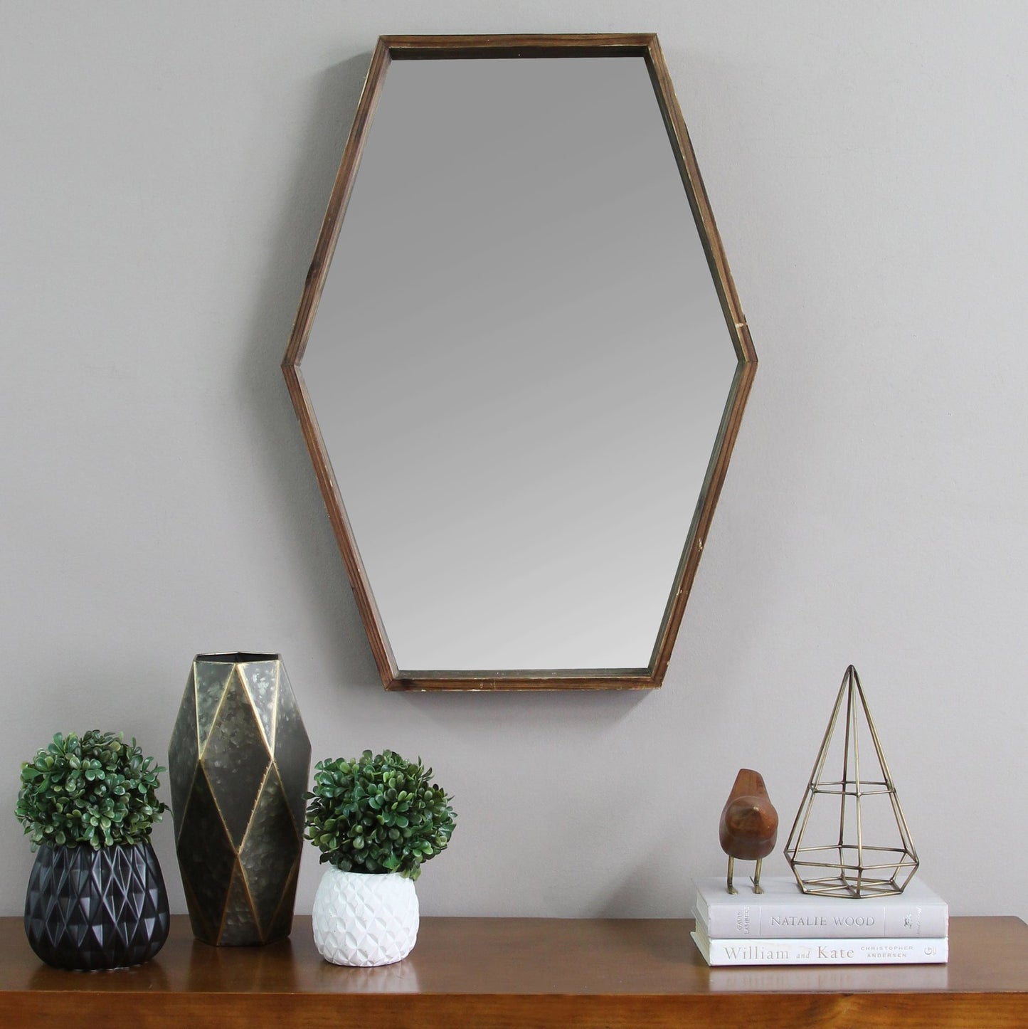 Dark Fir Wood Hexagonal Frame Wall Mirror