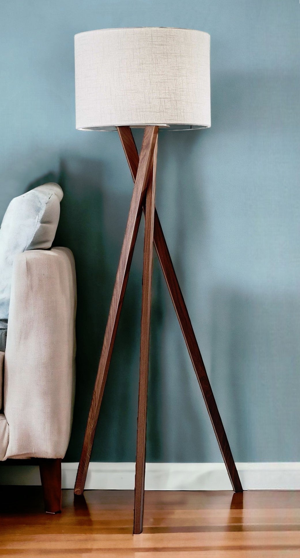 Solid Wood 63" Tripod Floor Lamp with White Linen Drum