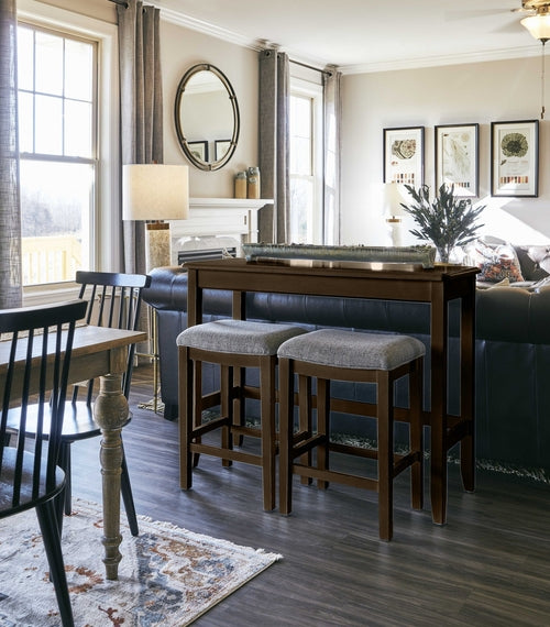 Espresso Wooden Finish Sofa table with Two Bar Stools