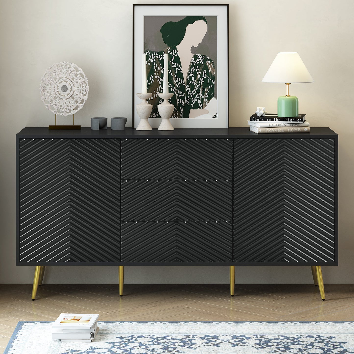 Modern Wooden Sideboard with Geometric Line Design