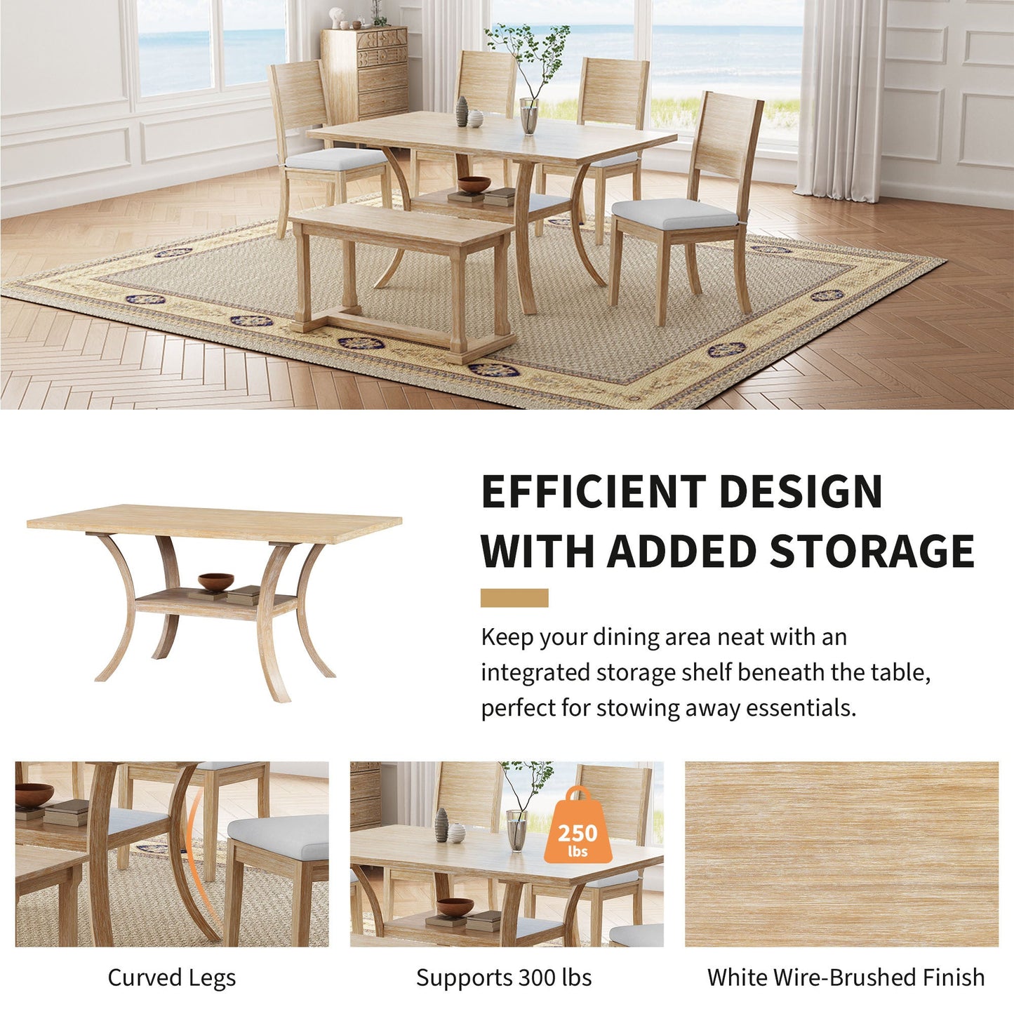 6-Piece Wooden Dining Table Set with Storage Shelf and Curved Legs