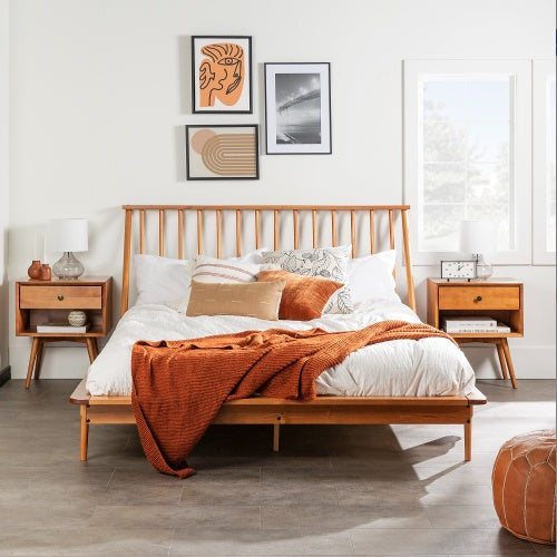 Mid-Century Modern Solid Wood Queen Platform Bed Frame With Spindle