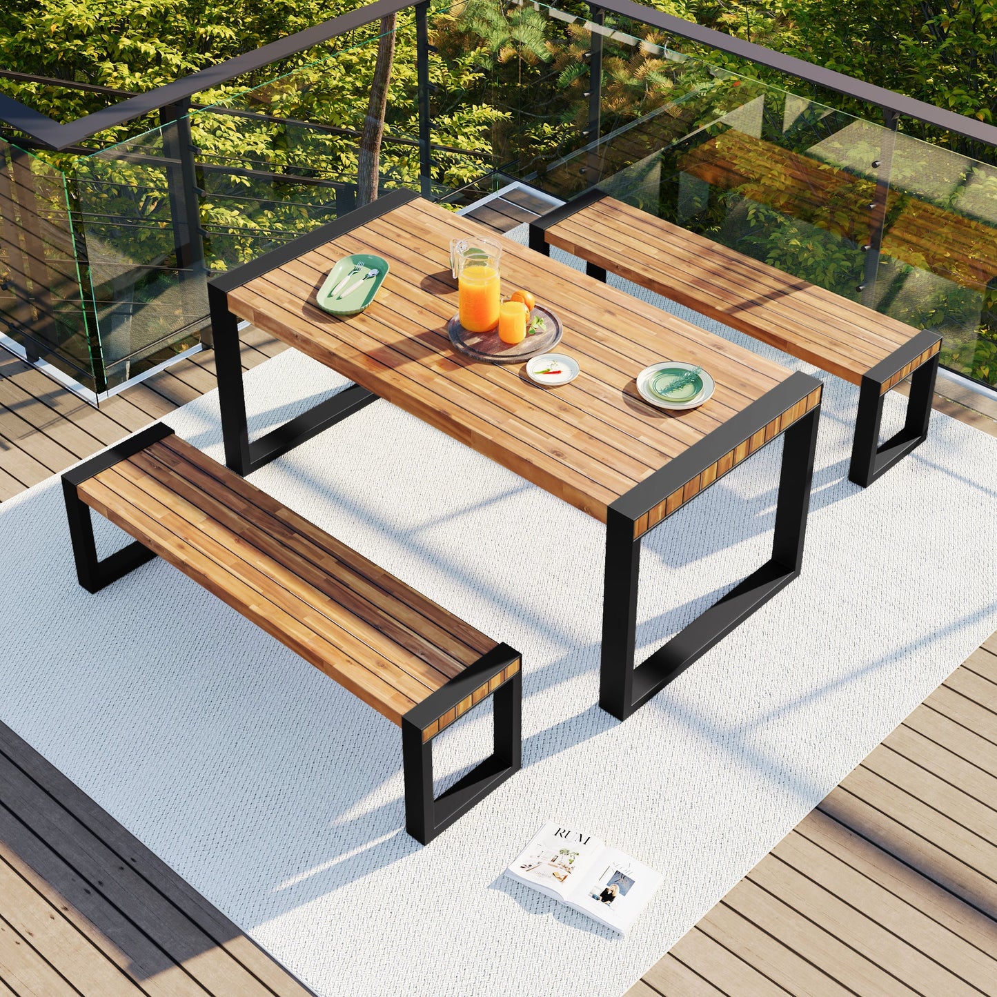 Acacia Wood Three Piece Outdoor Dining Table With Two Benches