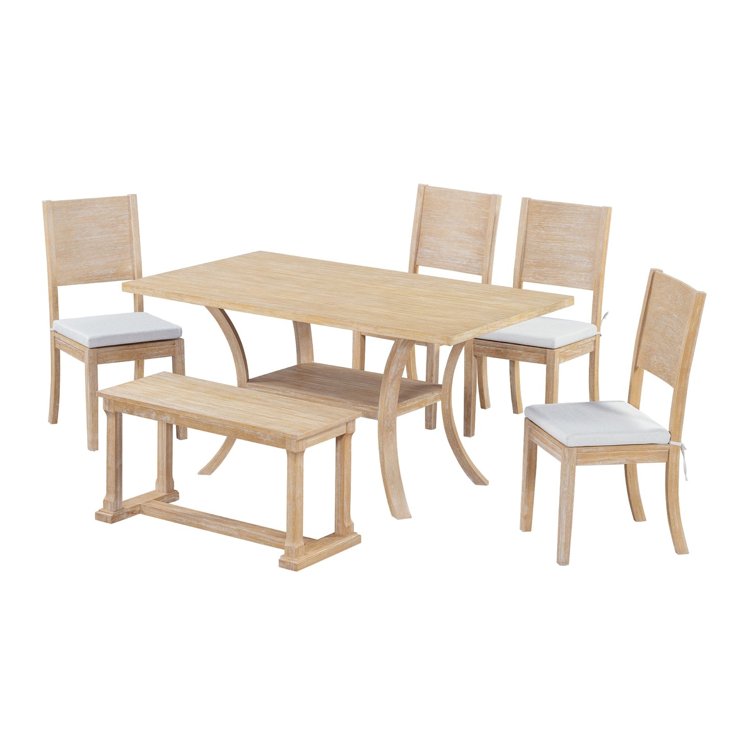 6-Piece Wooden Dining Table Set with Storage Shelf and Curved Legs