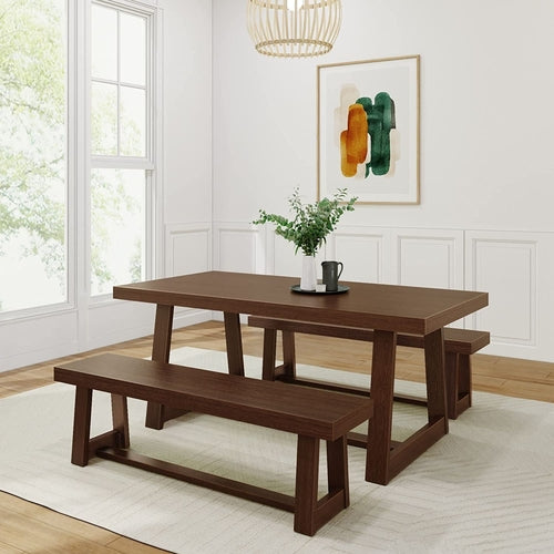 Farmhouse Solid Wood Dining Table Set with 2 Benches