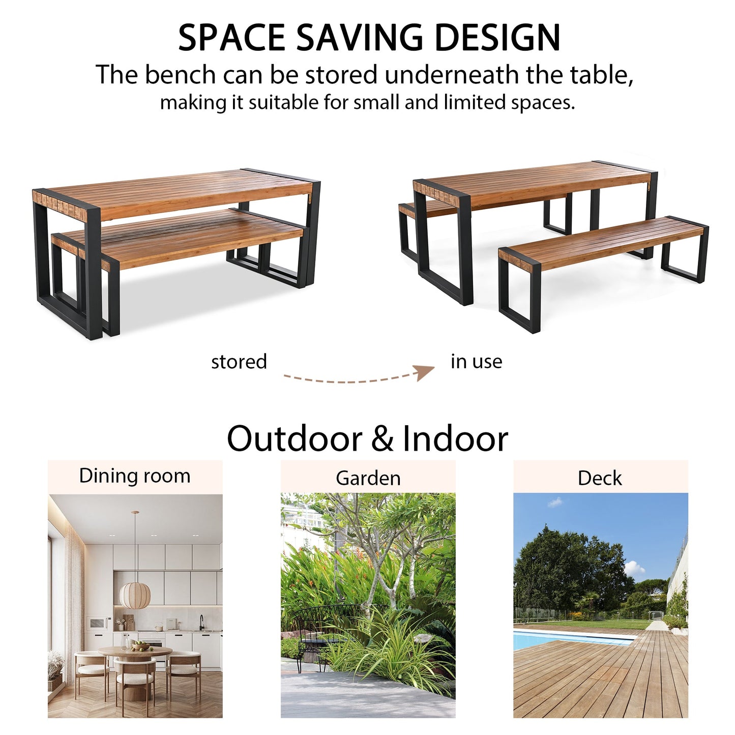 Acacia Wood Three Piece Outdoor Dining Table With Two Benches