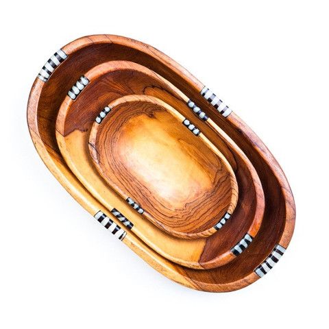 Olive-Wood Set of 3 Oval Wooden African Serving Bowls