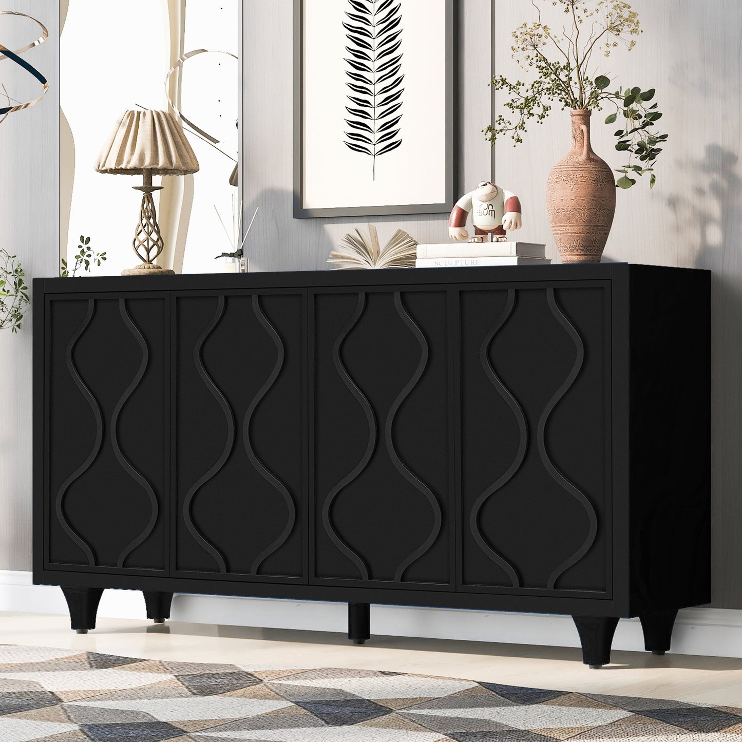 Stylish Wooden Sideboard Cabinet with Embossed Curved Doors