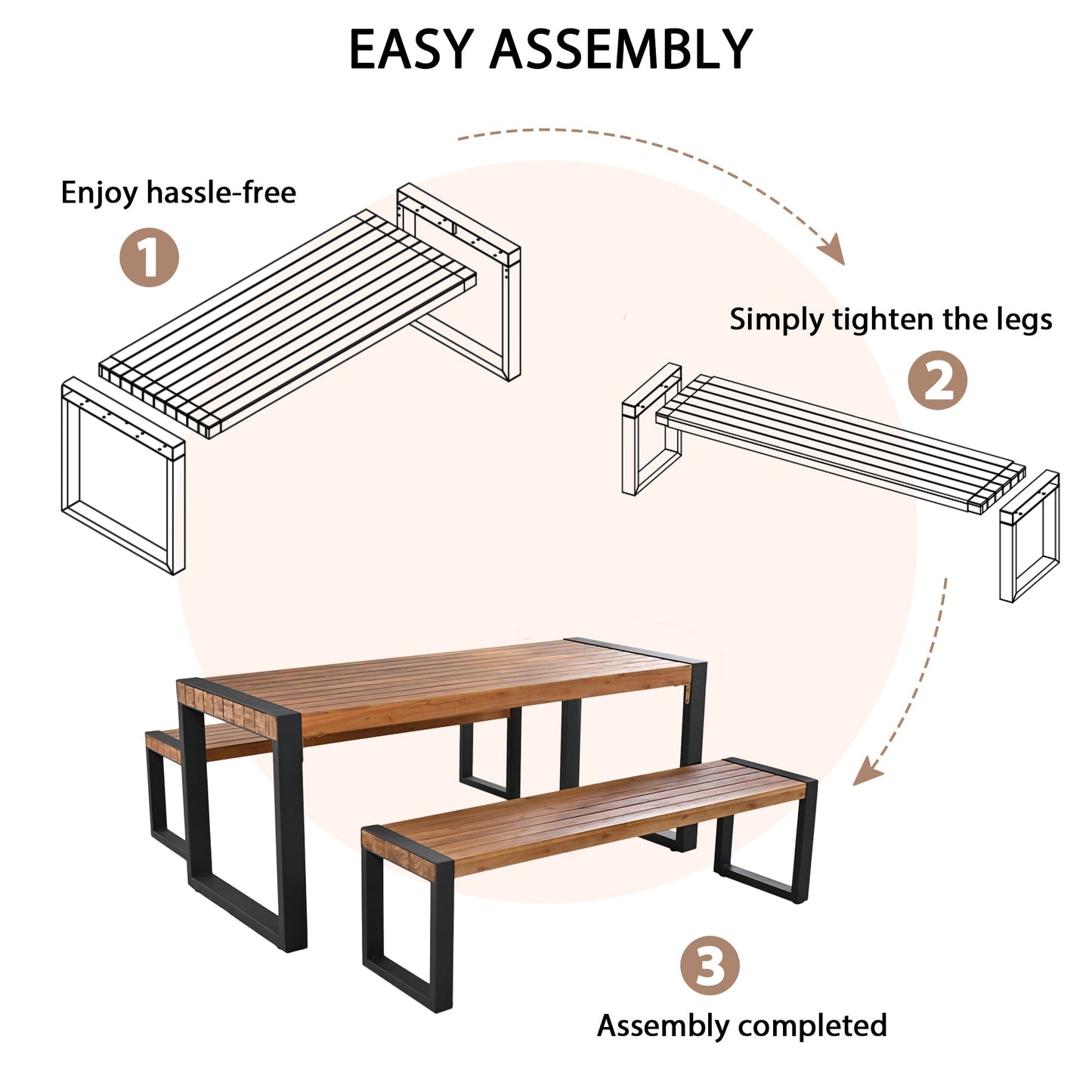 Acacia Wood Three Piece Outdoor Dining Table With Two Benches