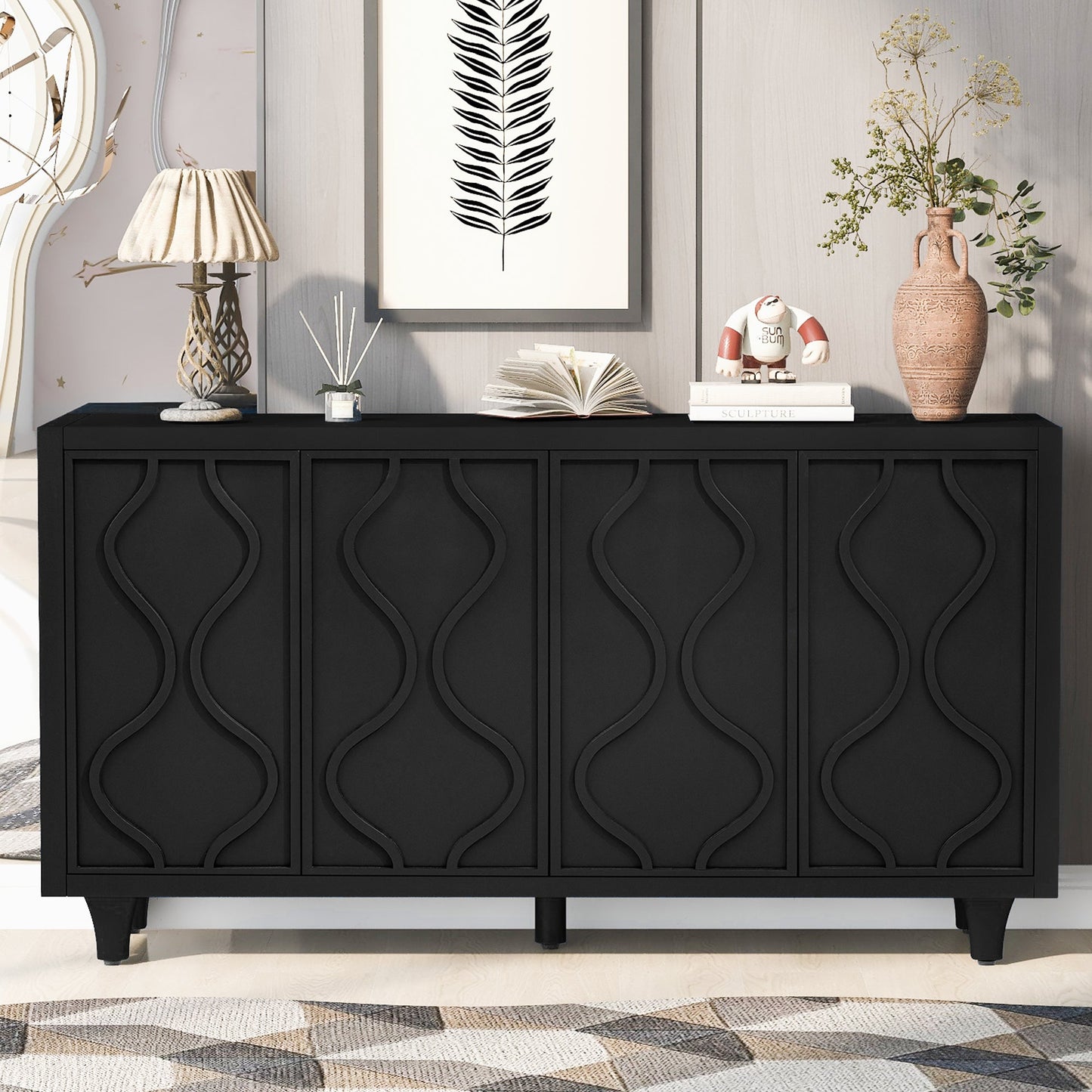 Stylish Wooden Sideboard Cabinet with Embossed Curved Doors