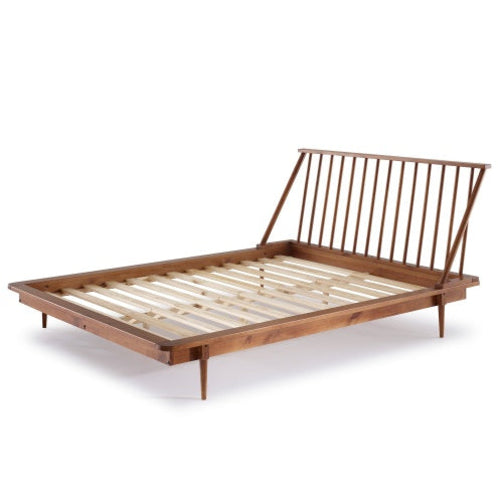 Mid-Century Modern Solid Wood Queen Platform Bed Frame With Spindle