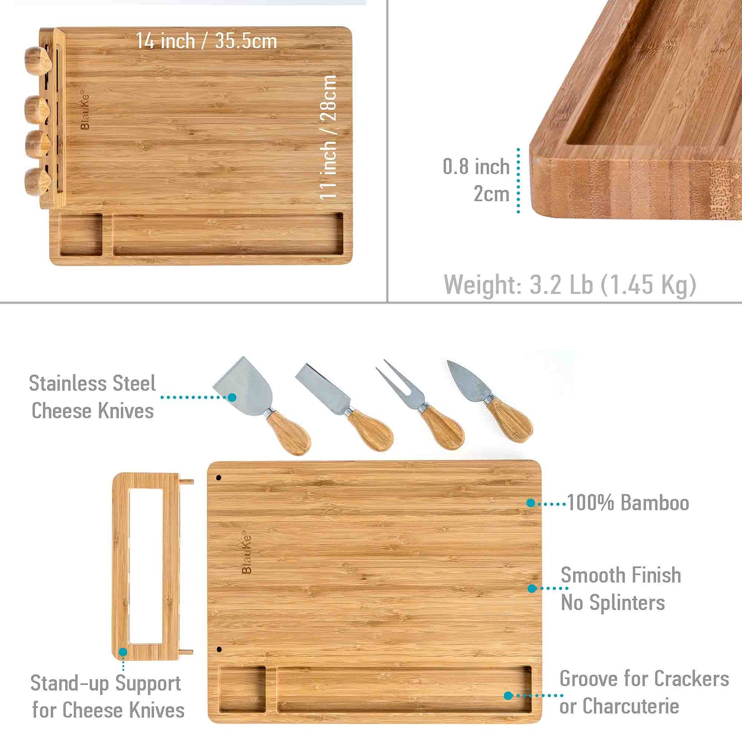 Bamboo Cheese Board and Knife Set - 14x11 inch