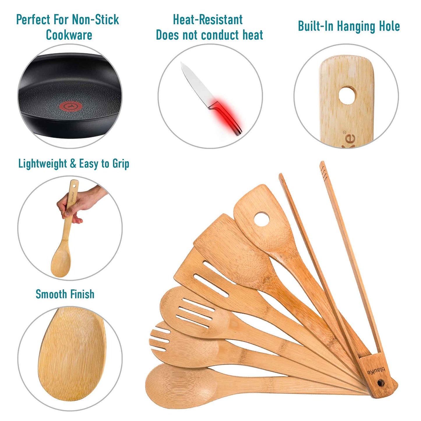 Bamboo Wood Spoons for Cooking 7-Pack - Bamboo Kitchen Utensils Set