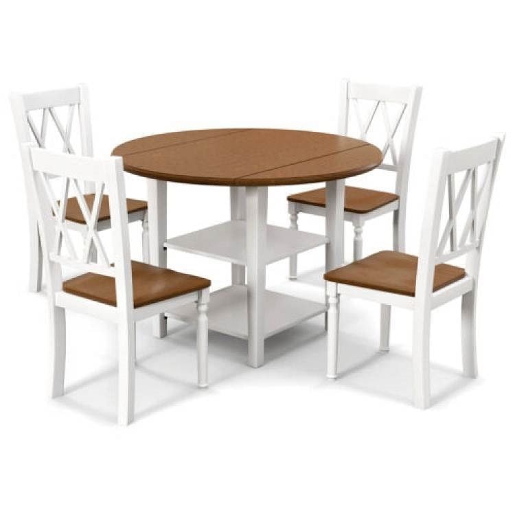 Walnut Wood Round Drop Leaf Dining Table Set with 4 Chairs