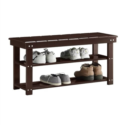 Espresso Brown Wood Shelf Shoe Rack Storage Bench