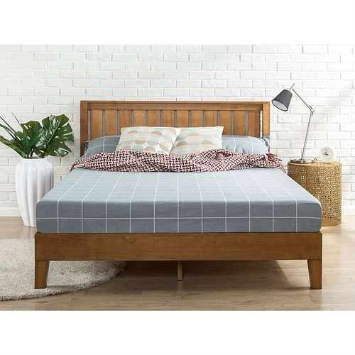 Full (Double) Size Solid Wood Platform Bed Frame with Headboard in Medium Brown