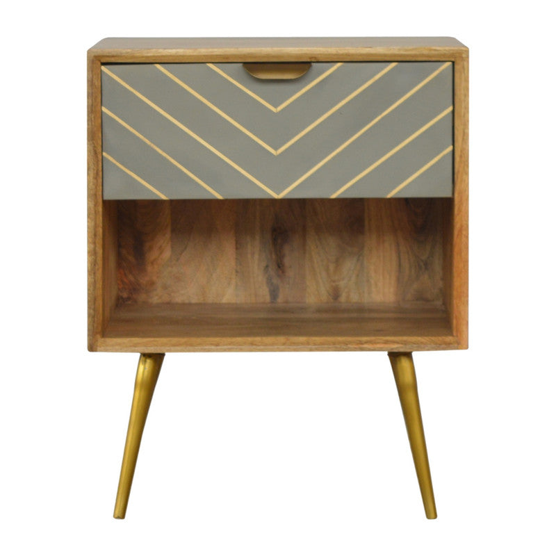 Sleek Mango Wood Nightstand with Brass Inlay