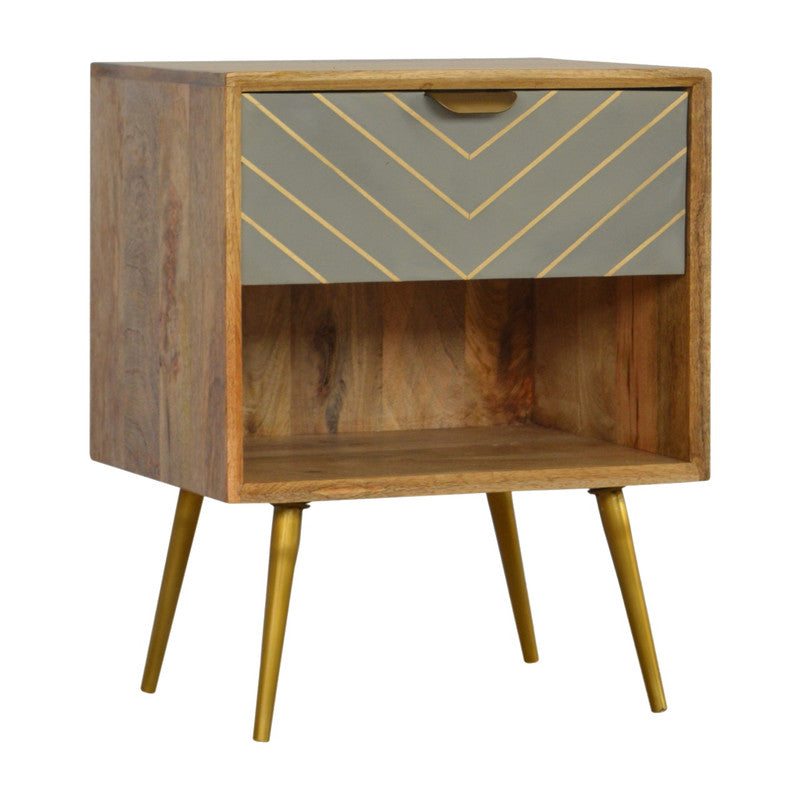 Sleek Mango Wood Nightstand with Brass Inlay