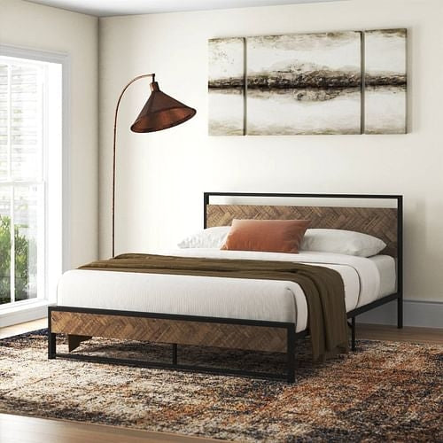 Queen Modern Metal Platform Bed Frame with Wood Headboard
