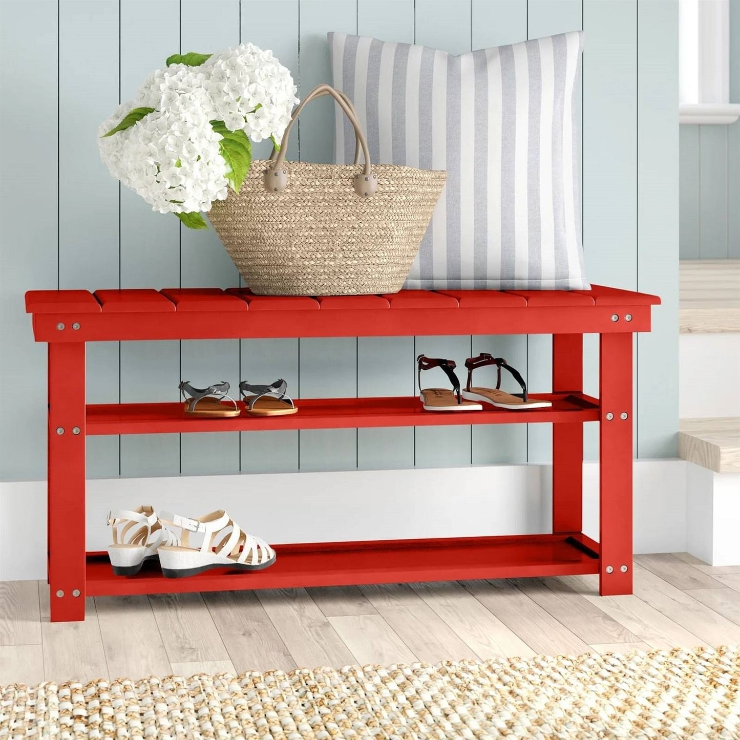 Wooden Red Shelf Shoe Rack Storage Bench