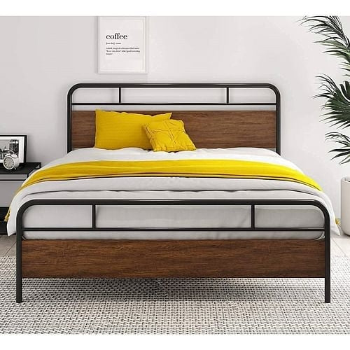 Full (Double) Size Industrial Metal Wood Platform Bed Frame with Headboard