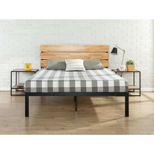 King size Modern Metal Platform Bed Frame with Wood Headboard