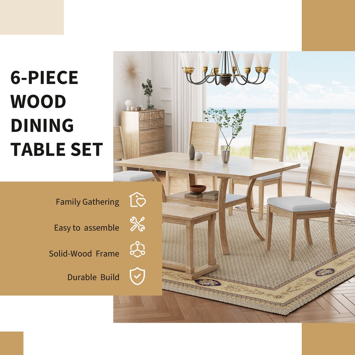 6-Piece Wooden Dining Table Set with Storage Shelf and Curved Legs