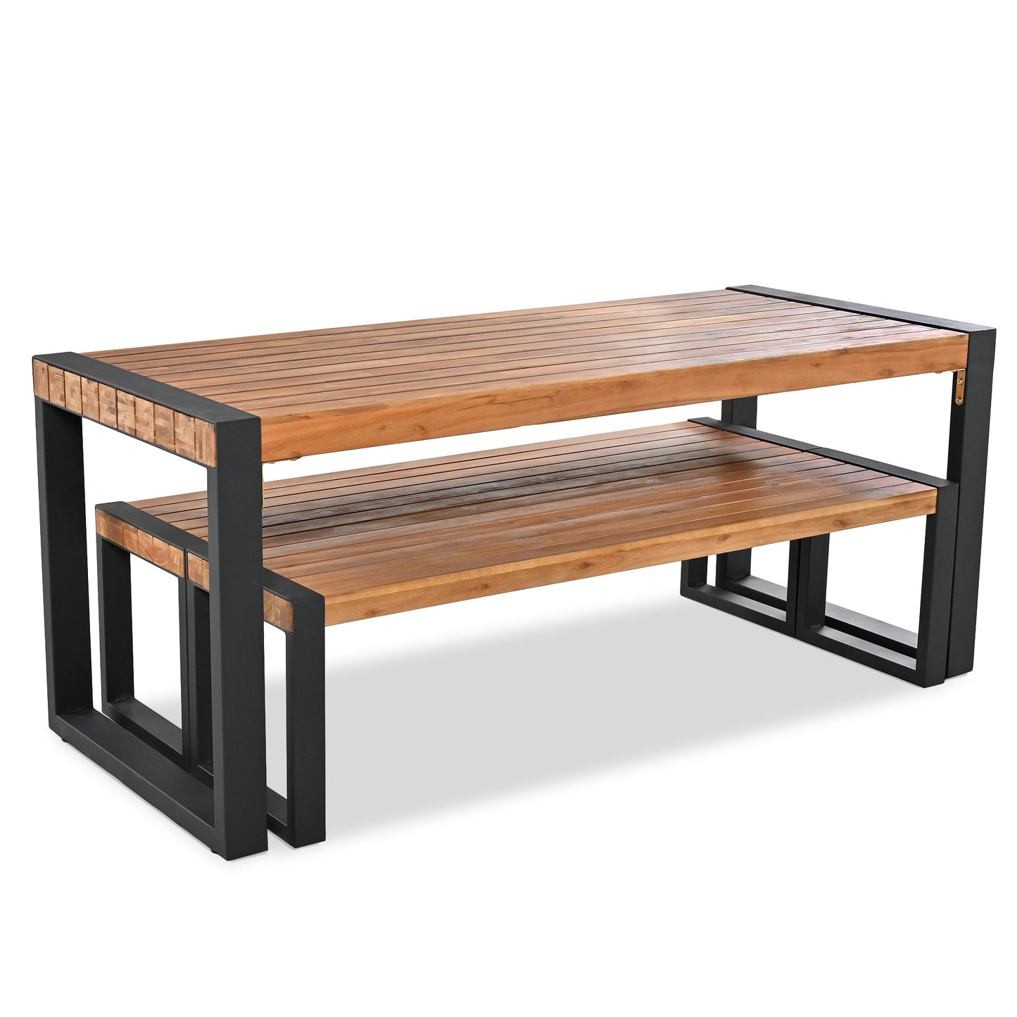 Acacia Wood Three Piece Outdoor Dining Table With Two Benches