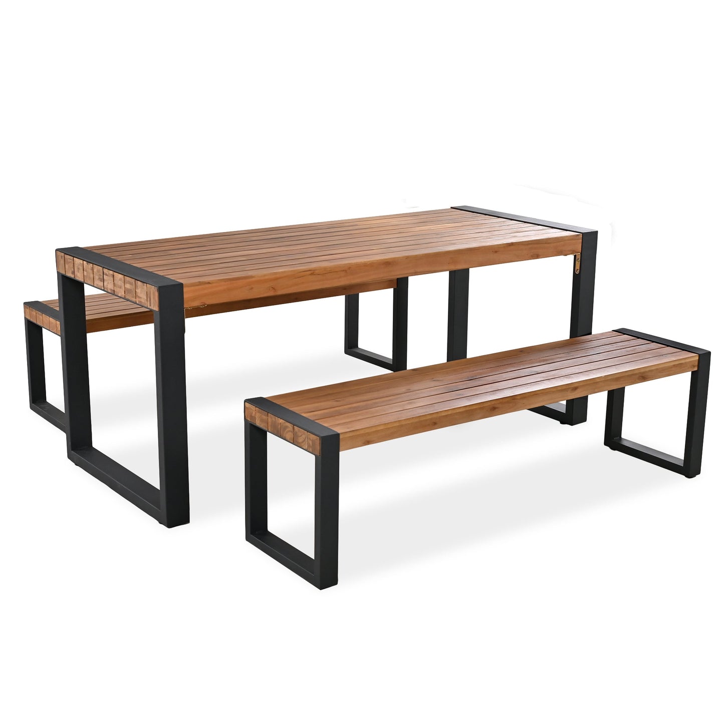 Acacia Wood Three Piece Outdoor Dining Table With Two Benches