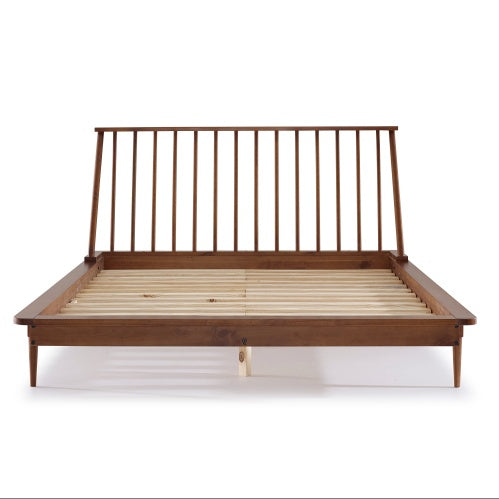 Mid-Century Modern Solid Wood Queen Platform Bed Frame With Spindle