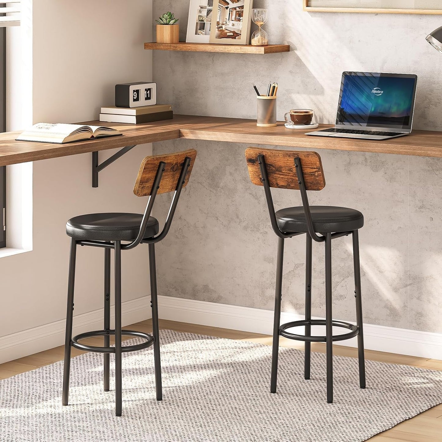 Upholstered Wooden Bar Stools - Set of 2