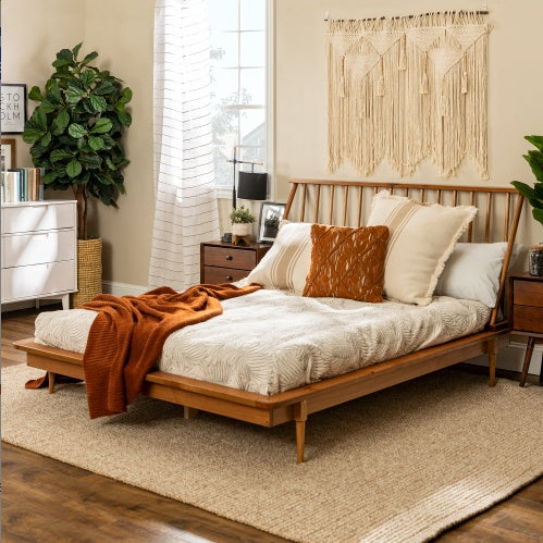 Mid-Century Modern Solid Wood Queen Platform Bed Frame With Spindle