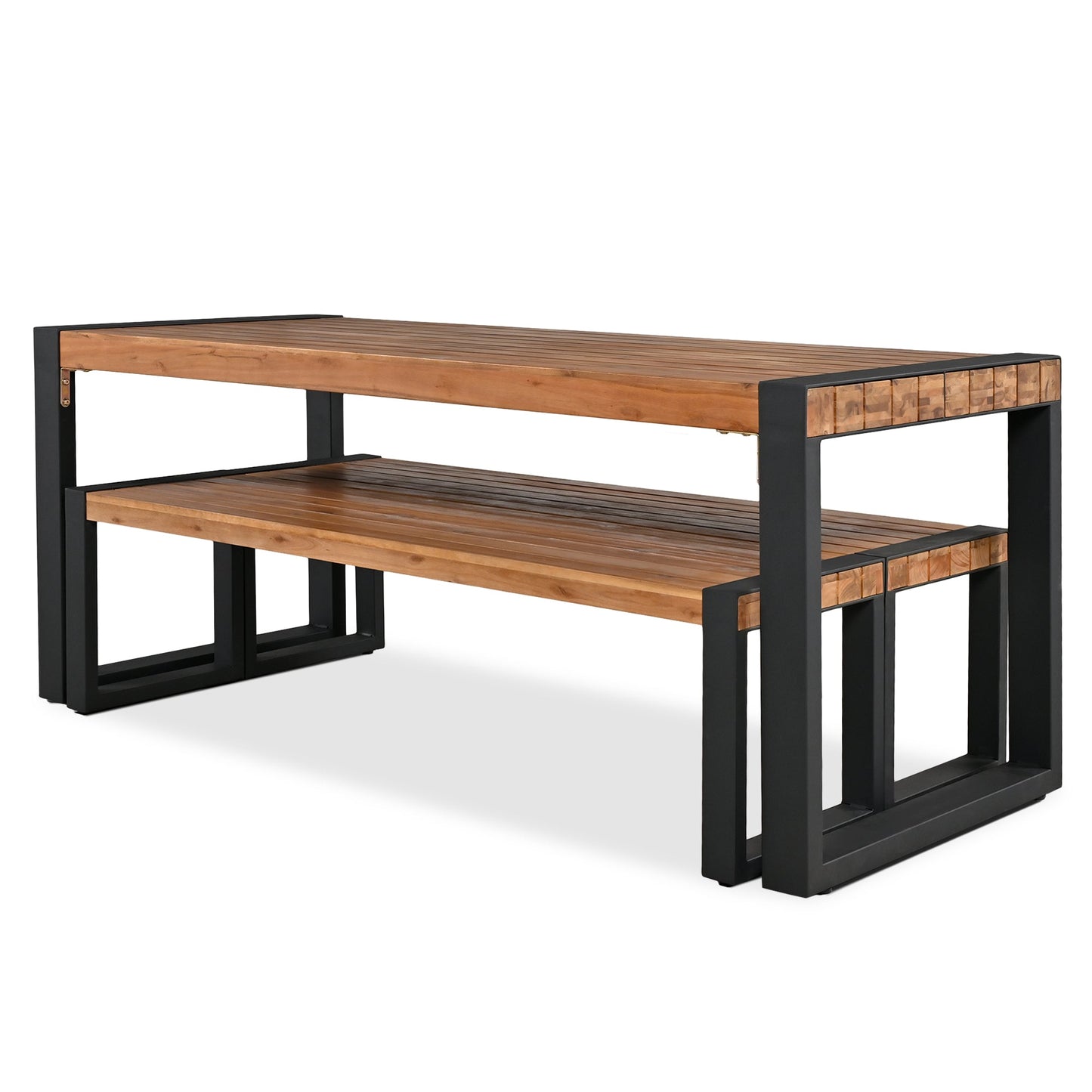 Acacia Wood Three Piece Outdoor Dining Table With Two Benches