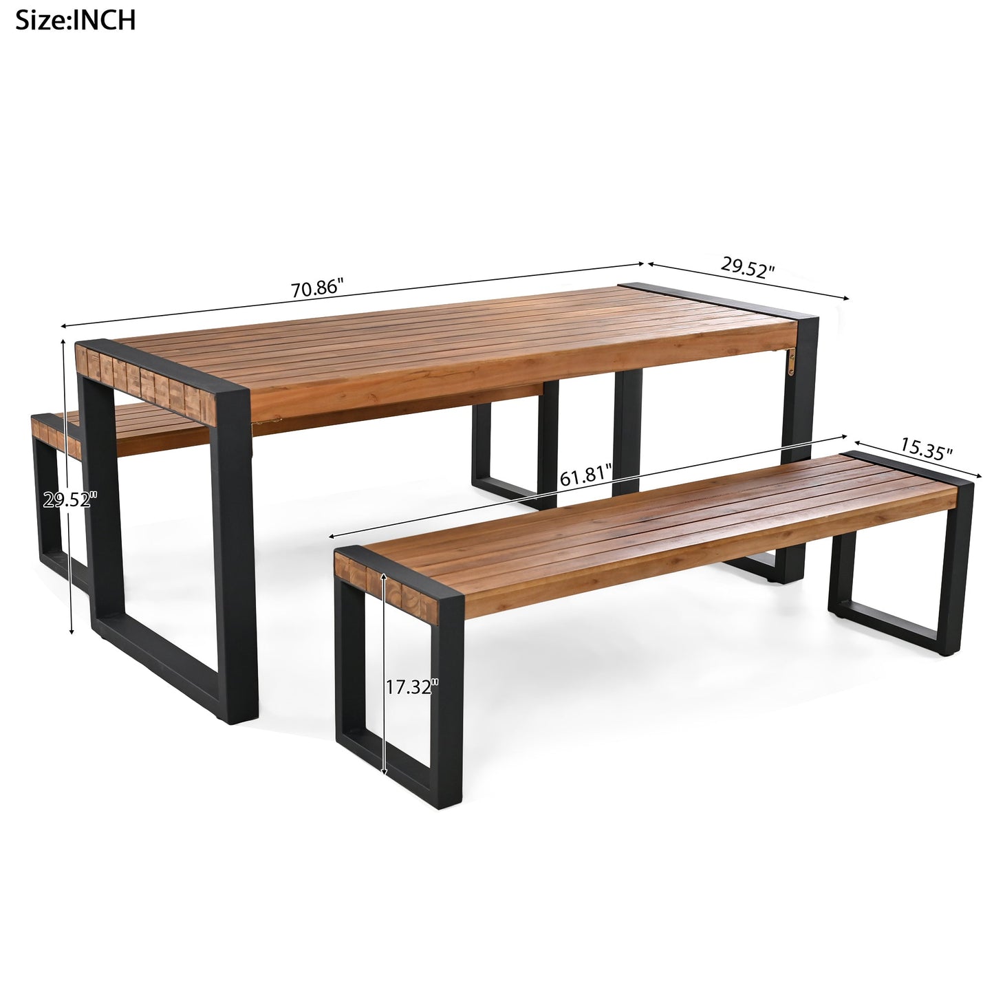 Acacia Wood Three Piece Outdoor Dining Table With Two Benches