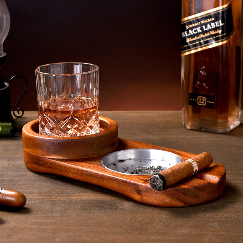 Rustic Wooden Ashtray with Cup Holder