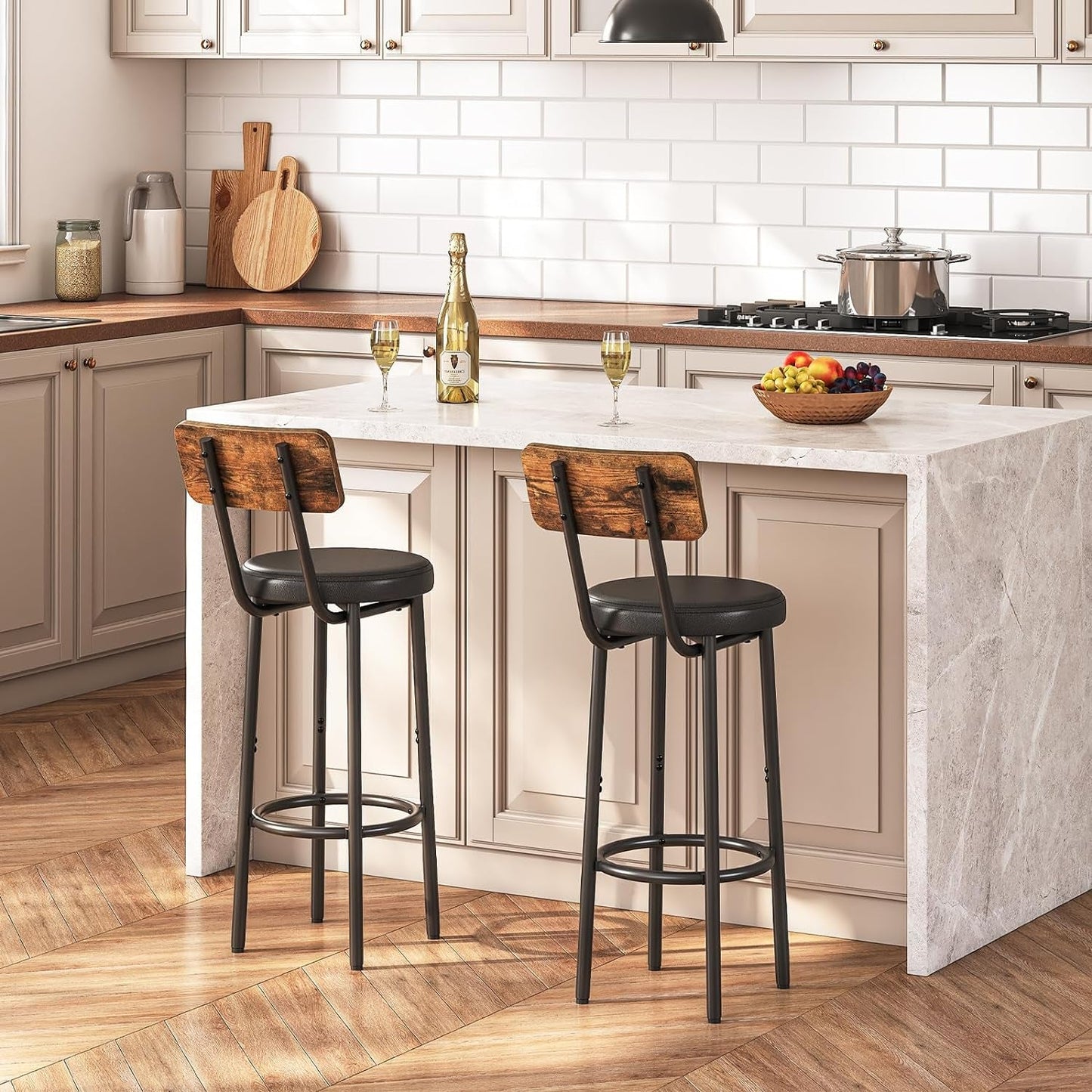 Upholstered Wooden Bar Stools - Set of 2