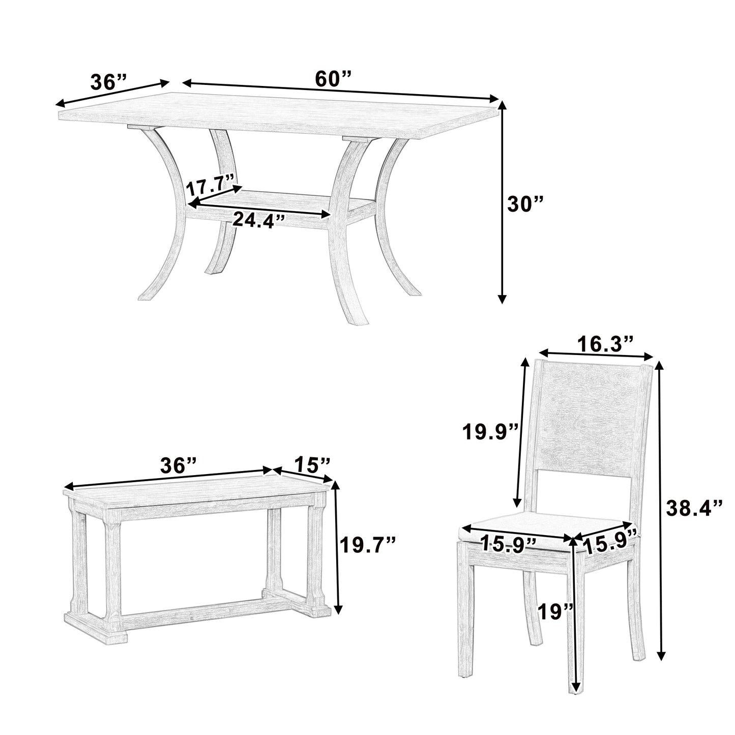 6-Piece Wooden Dining Table Set with Storage Shelf and Curved Legs