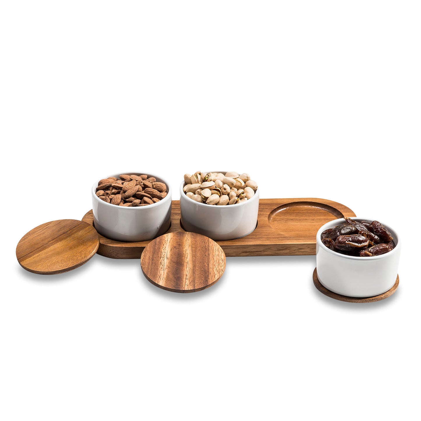 Ceramic & Acacia Wood Condiment Set on Acacia Wood Base