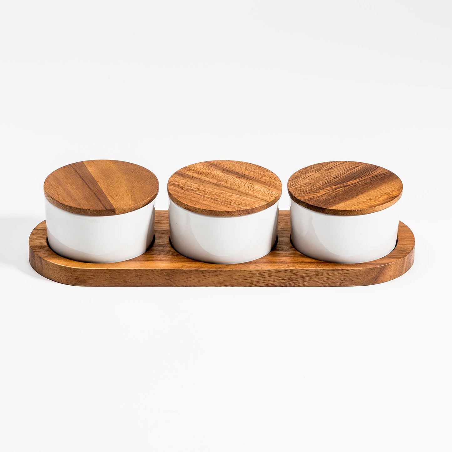 Ceramic & Acacia Wood Condiment Set on Acacia Wood Base