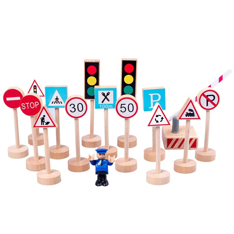 15 Piece Wooden Road Traffic Signs for Kids