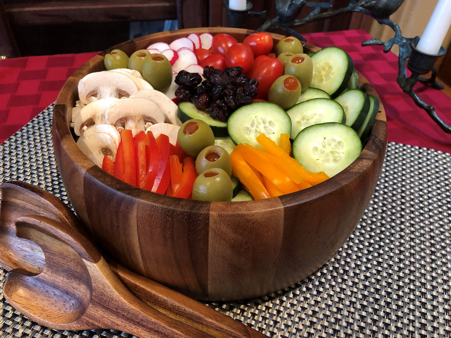 Large Acacia Wood Salad Bowl with Serving Spoons